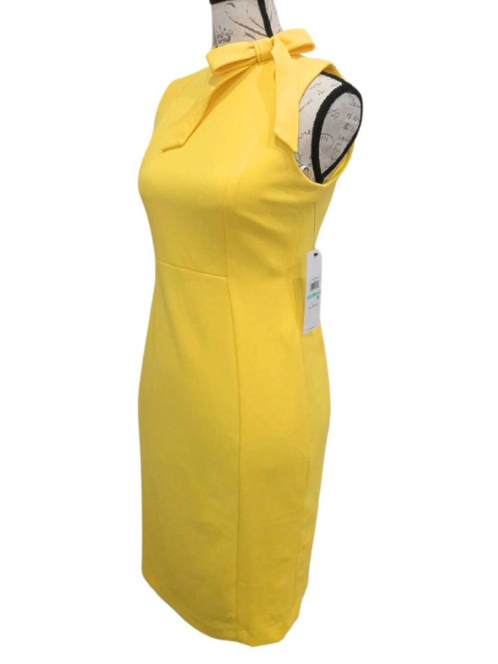 Calvin Klein Petite Yellow Bow Neck Sheath Dress 8P NWT - Picture 3 of 12